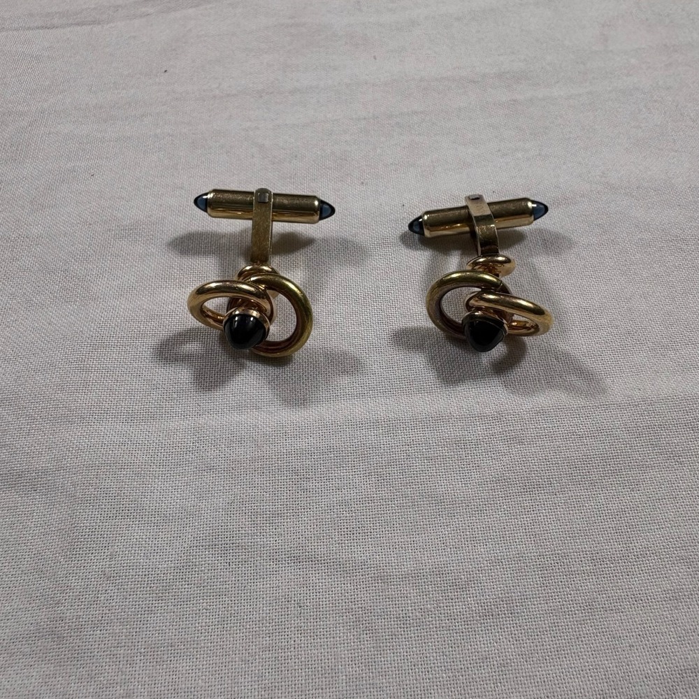 Krementz Gold Tone Black Onyx Swirl‎ Cufflinks Mens Formal Wear Tuxedo